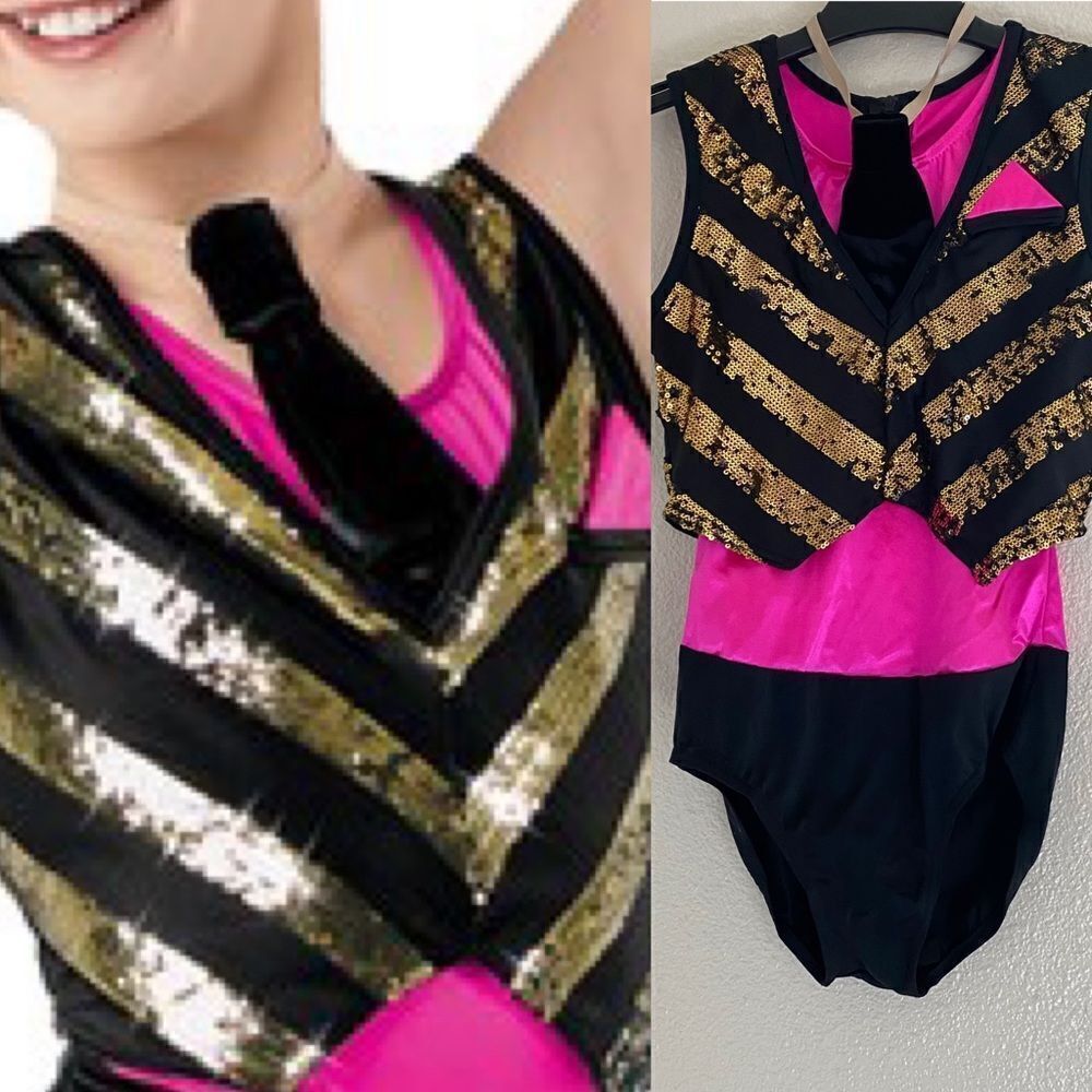 Weissman dance costume pink vest gold sequin Mr. Pinstripe Suit 9505 child MC